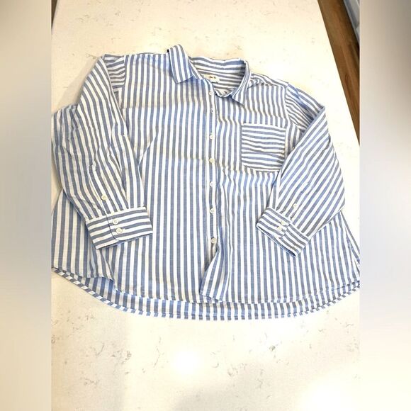 CARLISLE Per Se Blue and White Coastal Striped Laganlook Button Down Top 2x - Picture 2 of 8